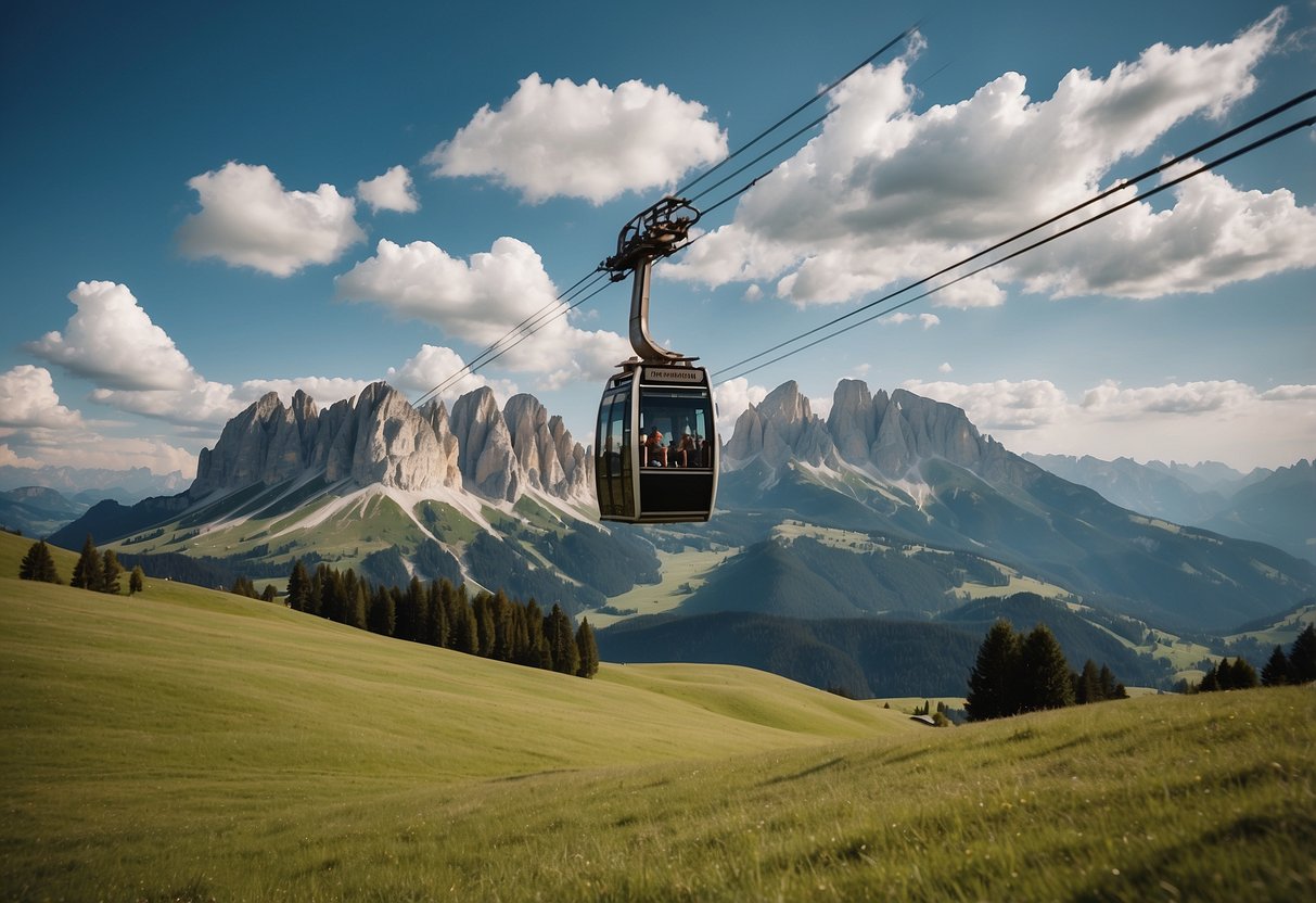 Visitors ascend to Seiser Alm by cable car, passing over lush green meadows and pine forests. The alpine landscape stretches out below, with the Dolomites towering in the distance