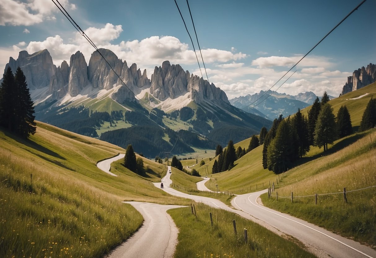 A winding road leads up to Seiser Alm, surrounded by lush green meadows and towering mountains in the distance. A cable car ascends to the alpine plateau, with hikers and skiers eagerly boarding