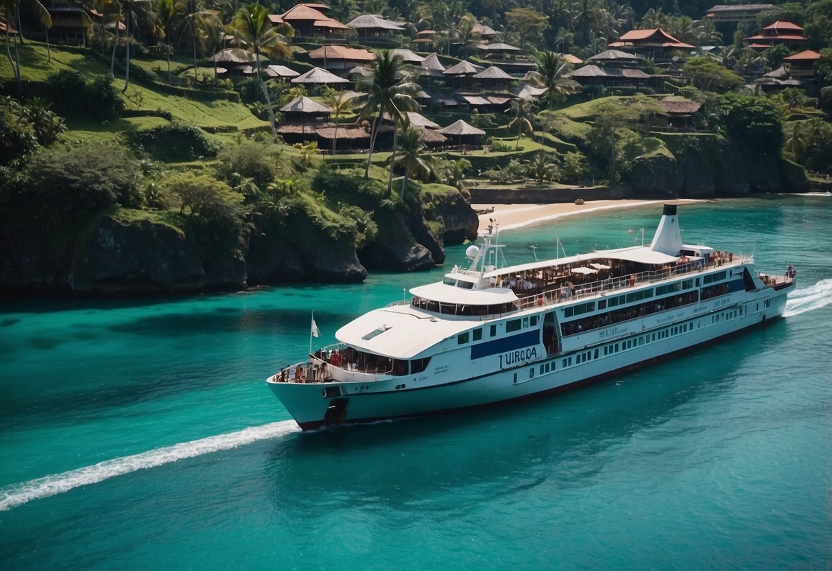 A ferry crosses the turquoise waters of Bali, with lush green hills and traditional buildings in the background