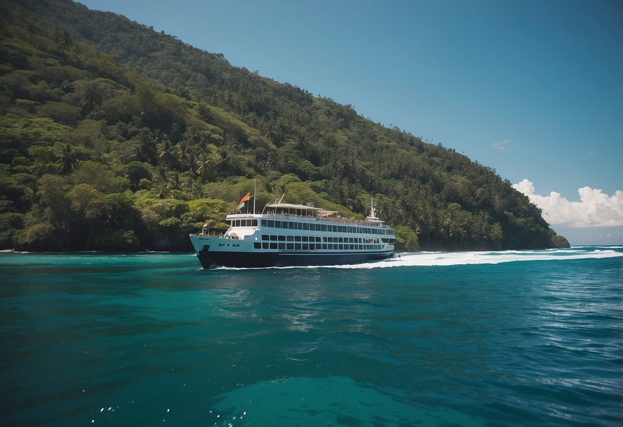 A ferry sailing across the turquoise waters of Bali, with lush green landscapes and a clear blue sky in the background