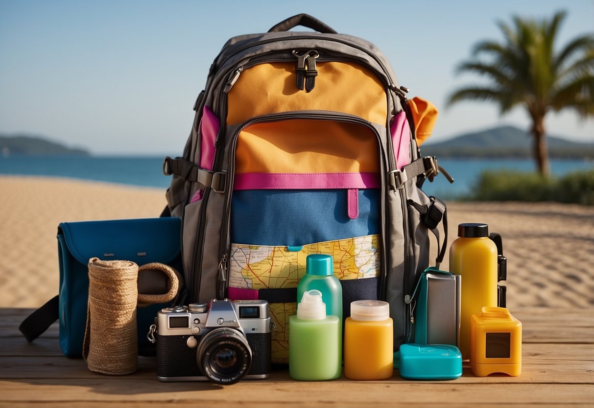 A colorful backpack open with items spilling out, including a map, sunscreen, sunglasses, and a camera