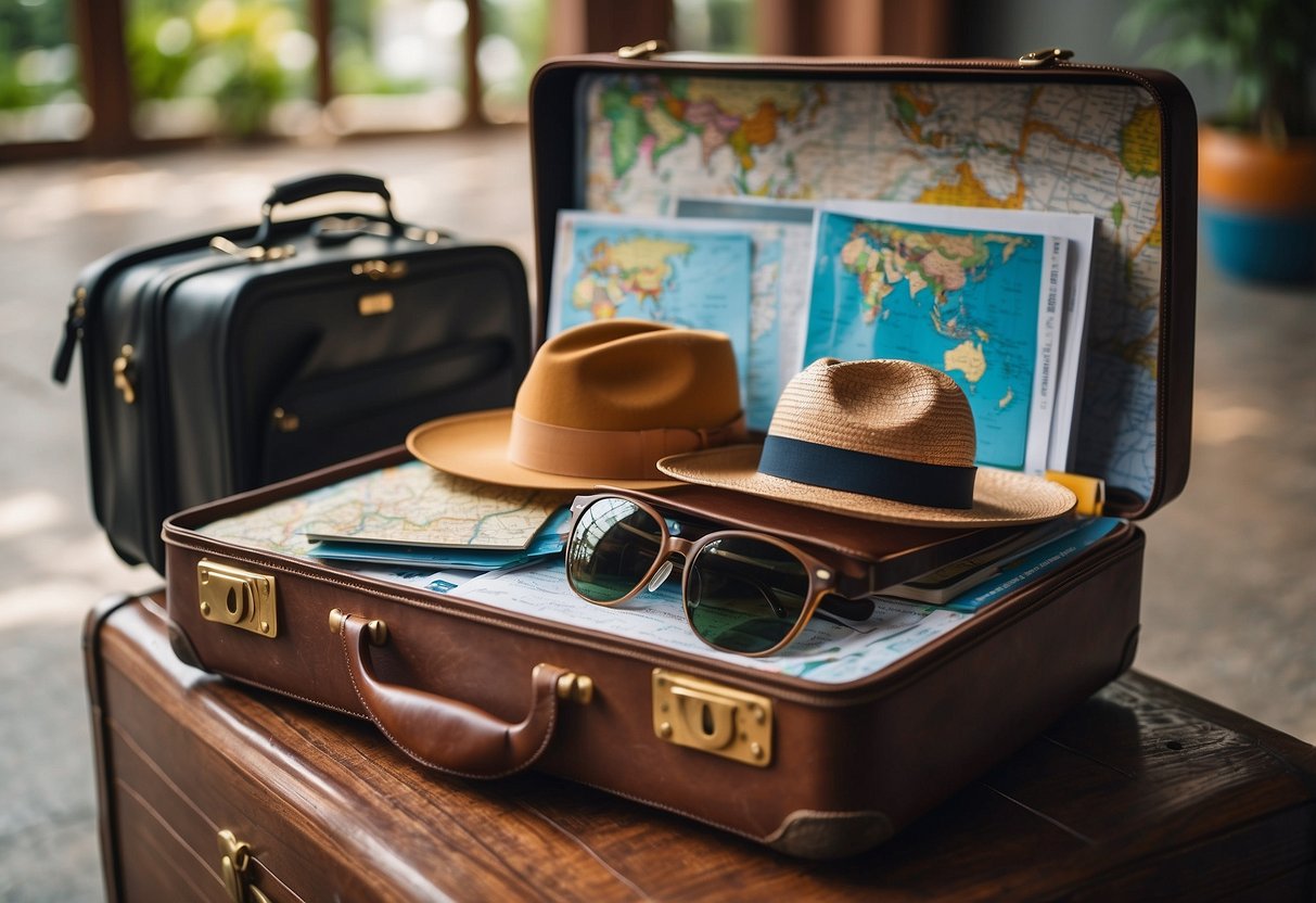 A suitcase open with clothes, sunscreen, and a guidebook for Thailand. A map and passport lay nearby