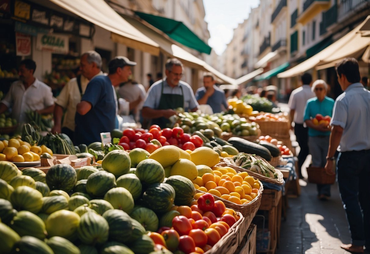 A bustling market in Cadiz, with colorful stalls and lively vendors selling fresh produce and local crafts