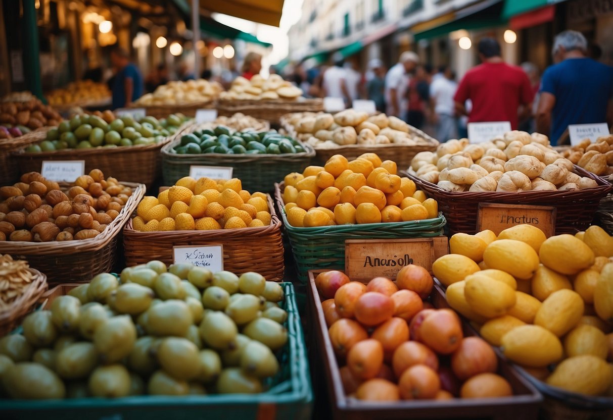 A bustling market in Cadiz, with a colorful array of products and lively gastronomy stalls