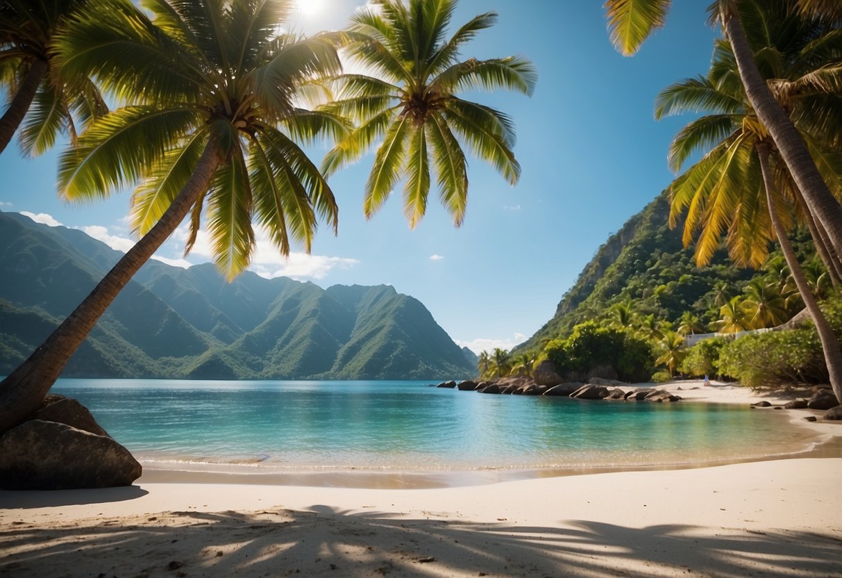 A serene beach with palm trees and clear blue water, surrounded by lush green mountains under a bright, sunny sky