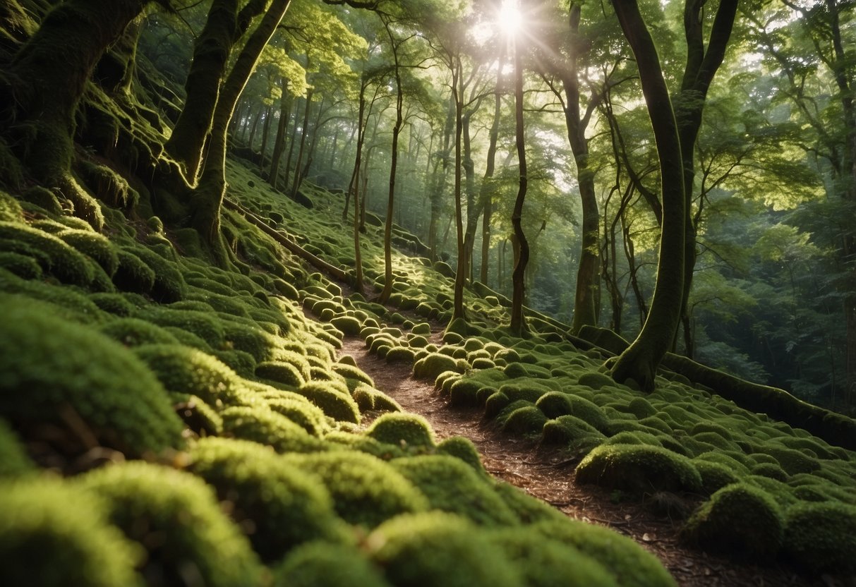 A winding soca trail cuts through lush green forest, with sunlight filtering through the canopy onto the moss-covered ground