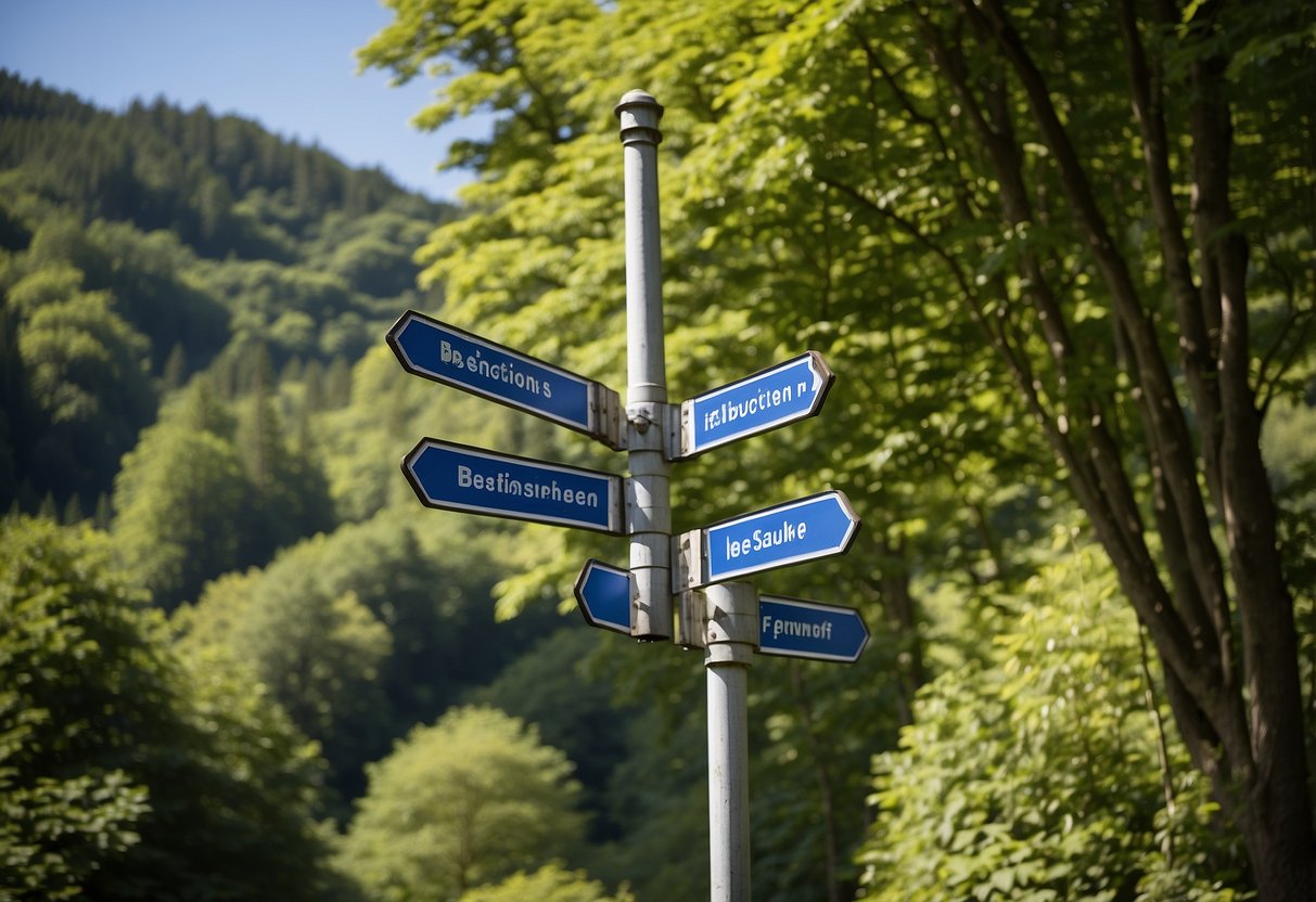 A signpost with "Praktische Informationen für Besucher soca trail" in bold letters, surrounded by lush green trees and a clear blue sky