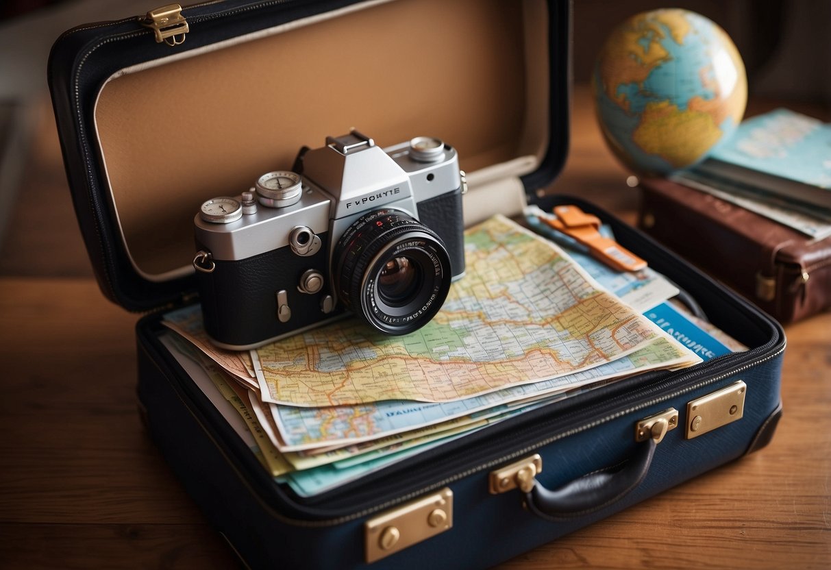 A suitcase overflowing with travel essentials, surrounded by maps, guidebooks, and a camera. A world globe sits nearby, with a passport and plane tickets peeking out from the top