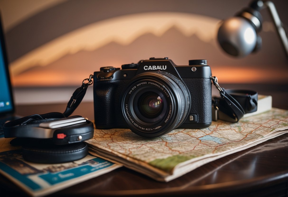 A Cabeau travel pillow surrounded by maps, a passport, and a camera, with a sense of adventure and wanderlust in the air