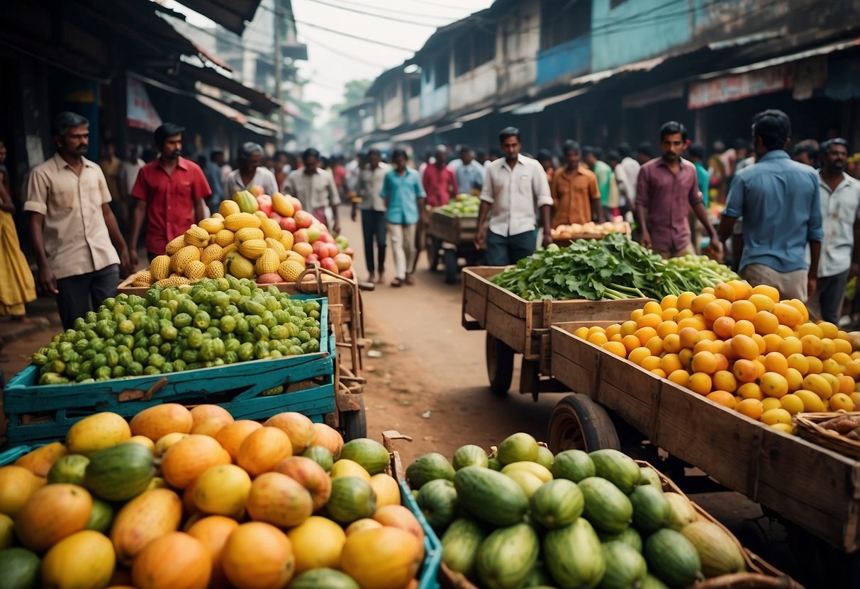 A vibrant market scene in Sri Lanka, with colorful fruits and vegetables displayed on wooden carts, locals bargaining with vendors, and the sound of bustling activity filling the air