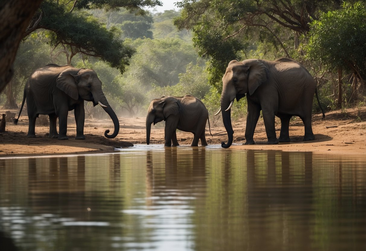 Lush greenery surrounds a watering hole in Yala National Park, Sri Lanka. A family of elephants gathers while a leopard prowls nearby
