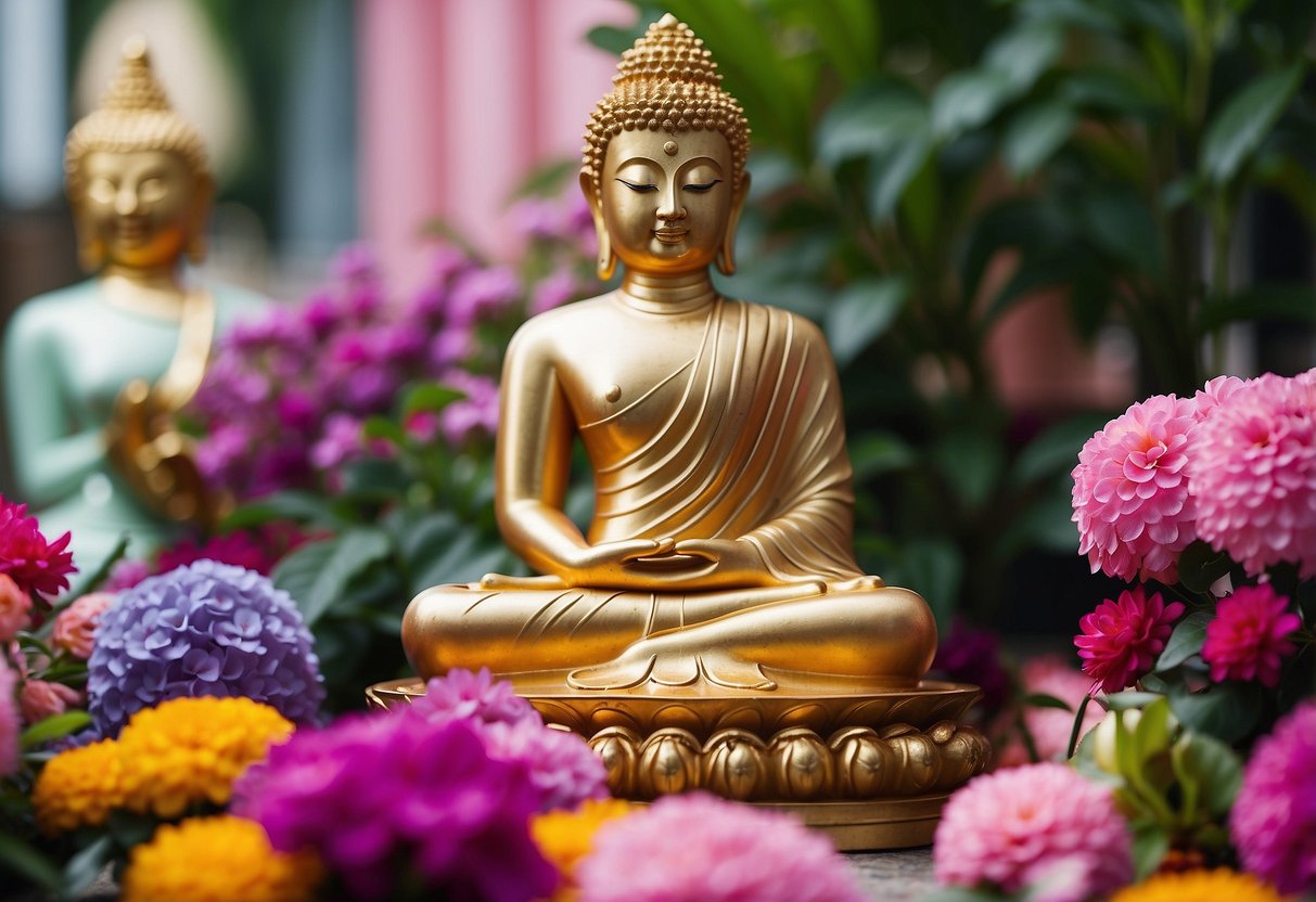 A serene Buddha statue surrounded by colorful flowers and incense, set against the backdrop of a traditional Thai temple in Bangkok