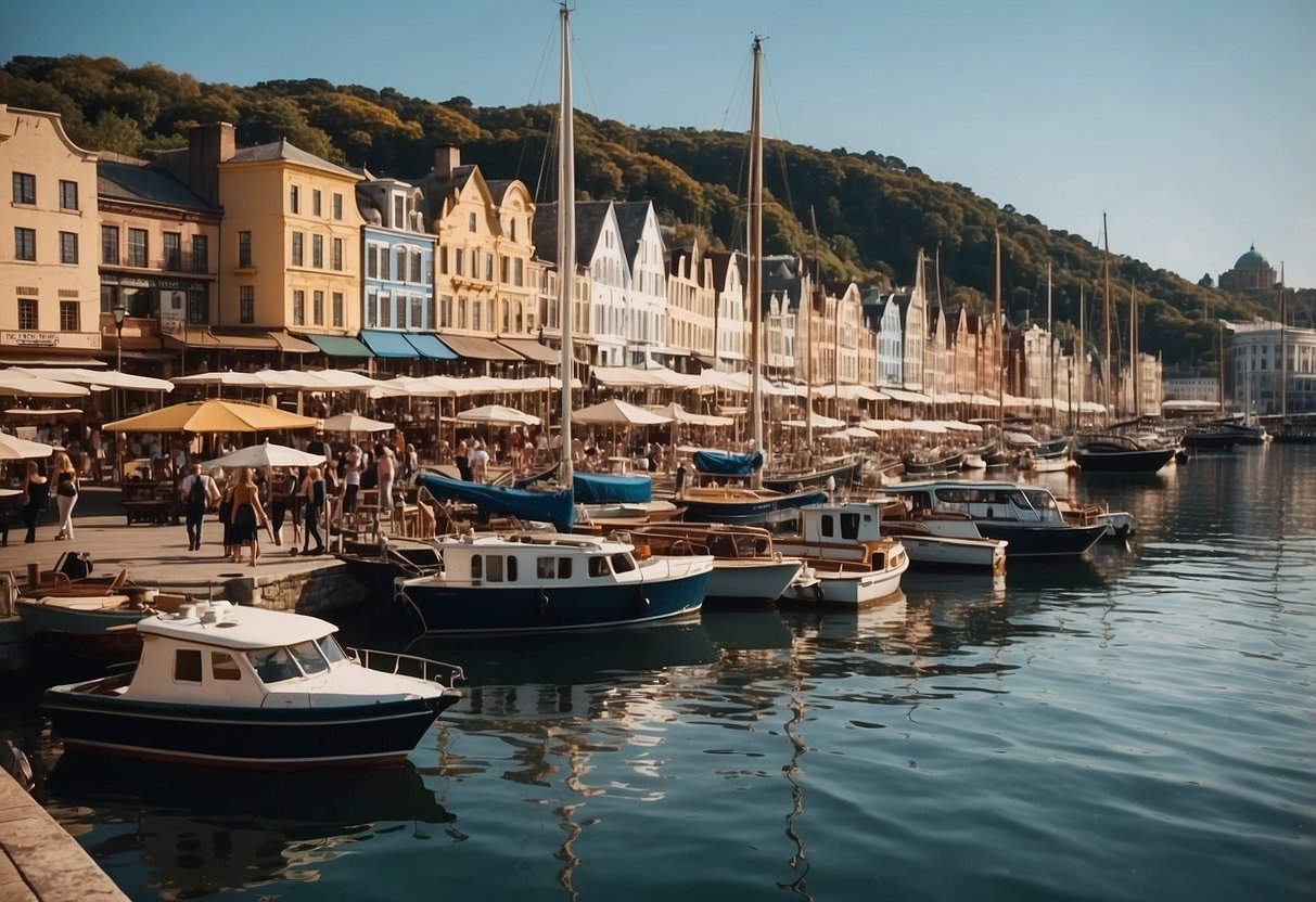 A bustling waterfront with boats, historic buildings, and a vibrant atmosphere