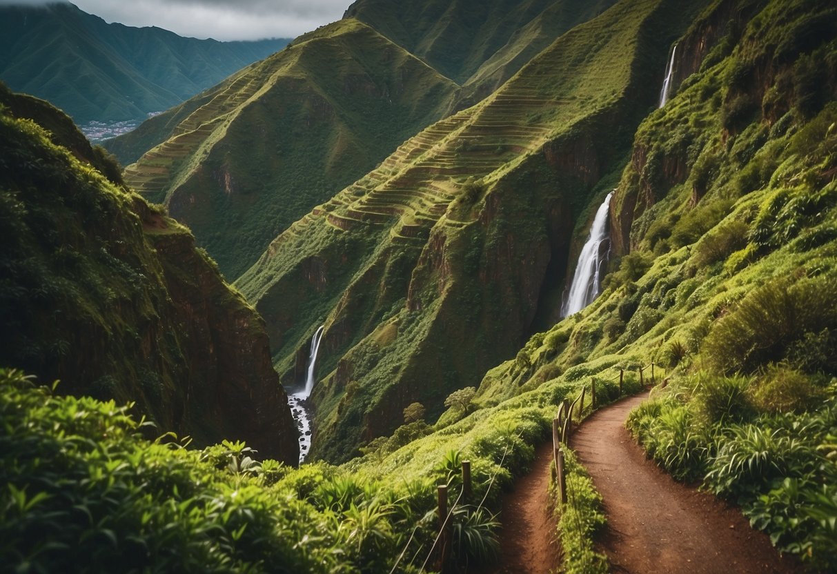 A winding trail through lush, green mountains with cascading waterfalls and panoramic ocean views on the island of Madeira