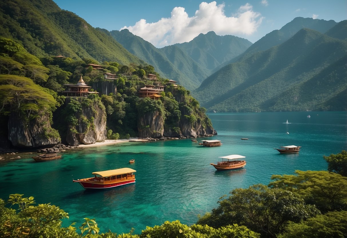 Lush green mountains meet crystal clear waters, with colorful boats floating along the shore. A majestic temple stands tall in the distance, surrounded by tropical foliage