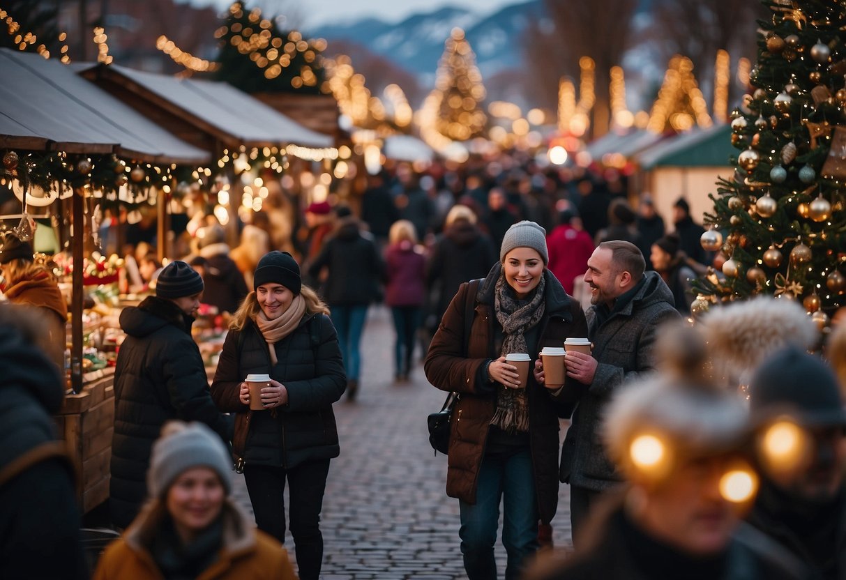 Crowds gather at festive Christmas markets in Nevada, browsing through colorful stalls, sipping hot cocoa, and admiring twinkling lights and holiday decorations