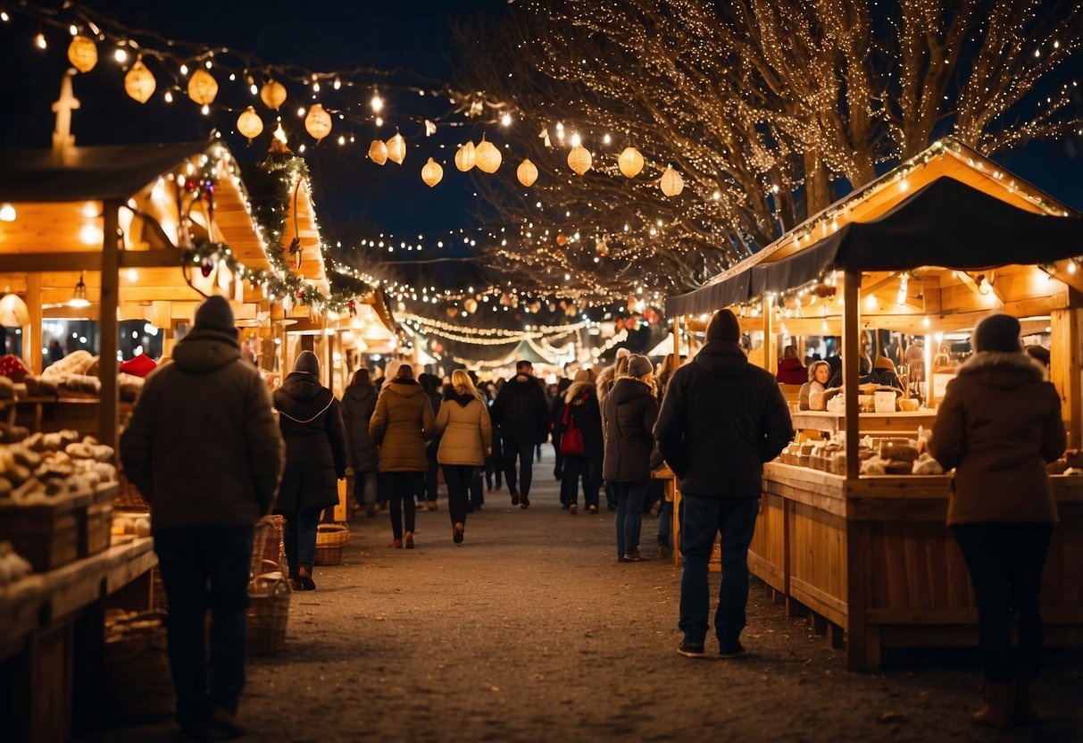 A festive Christmas market in the Great Basin Basket Farm, with colorful stalls, twinkling lights, and joyful holiday decorations