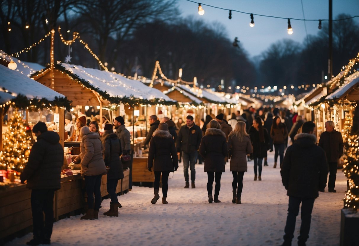 A festive holiday market with twinkling lights, decorated stalls, and joyful shoppers browsing through unique gifts and seasonal treats