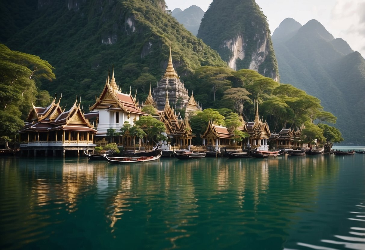 Vibrant Thai temples nestled among lush green mountains and glistening waters, with colorful traditional boats dotting the coastline