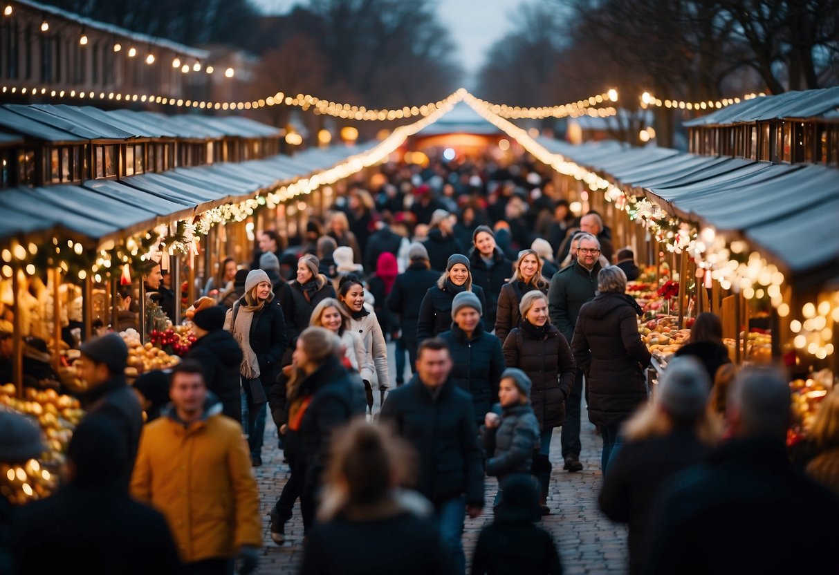 A bustling holiday market with bright lights, festive decorations, and vendors selling gifts and treats. Crowds gather around the lively entertainment and seasonal attractions