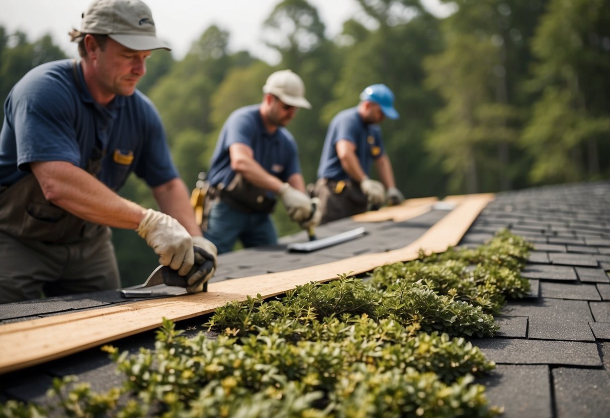 Workers install shingles on a Forest Park GA roof. Materials and tools scattered around. Trees in background