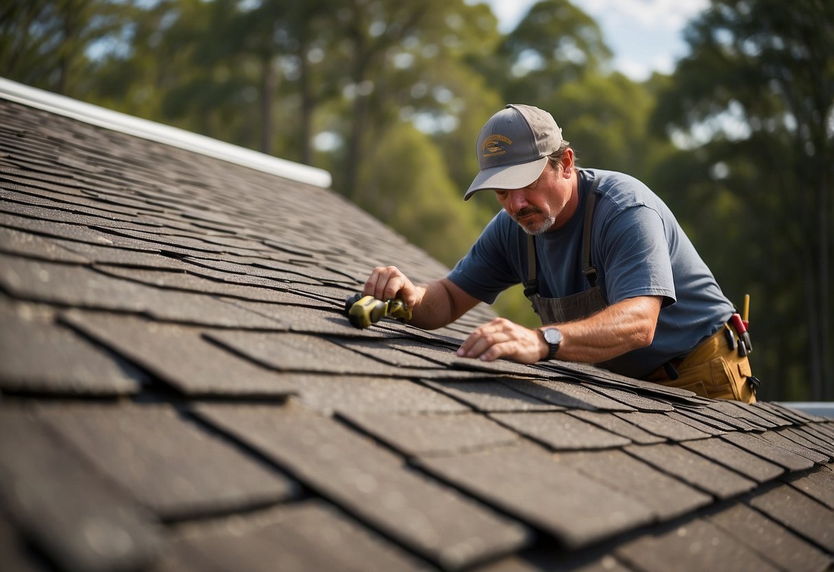A skilled roofer carefully examines shingles and measures roof dimensions in Forest Park, GA for installation
