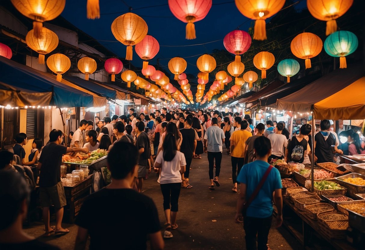 A bustling night market in Chiang Mai, with colorful lanterns, street food stalls, and traditional Thai architecture