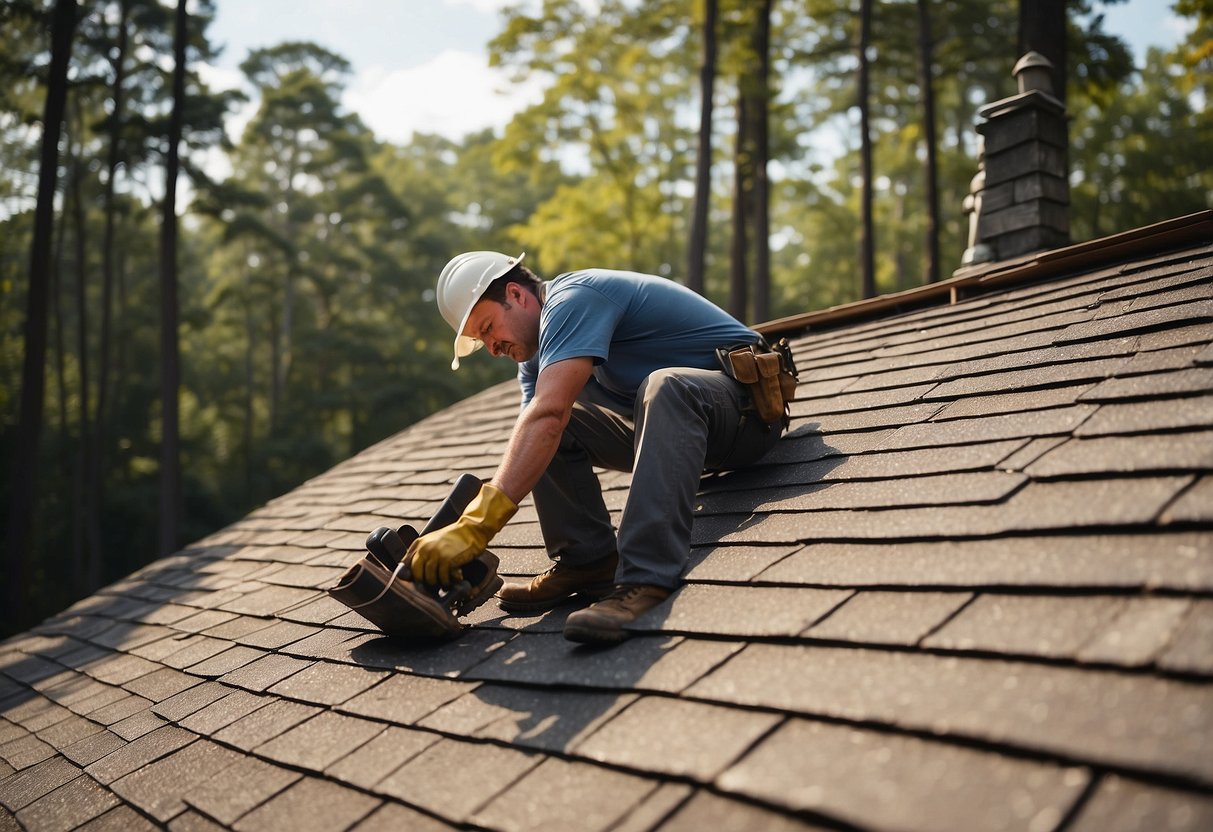 Workers lay shingles on a sloped roof, surrounded by trees in Forest Park, GA
