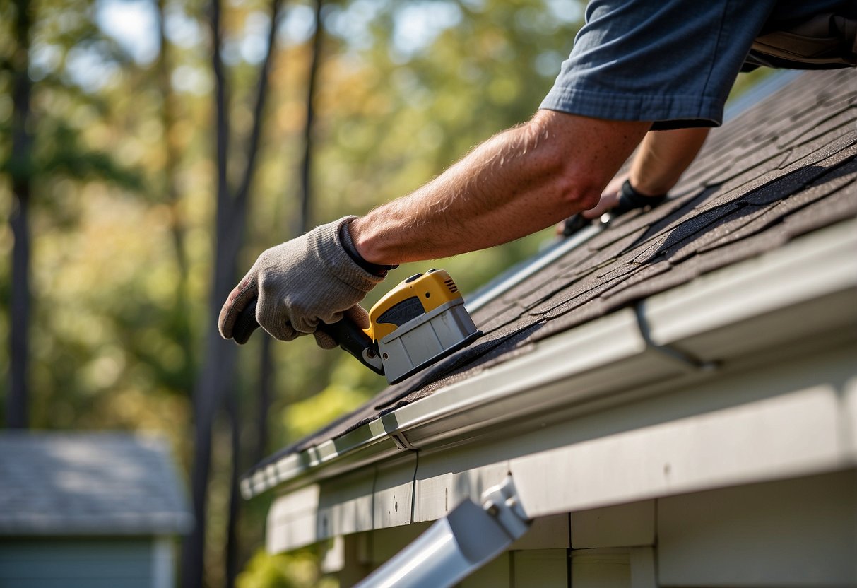 A roofer installs gutters and siding on a house in Forest Park, GA. The sun shines on the freshly installed roof, highlighting the clean lines of the new materials