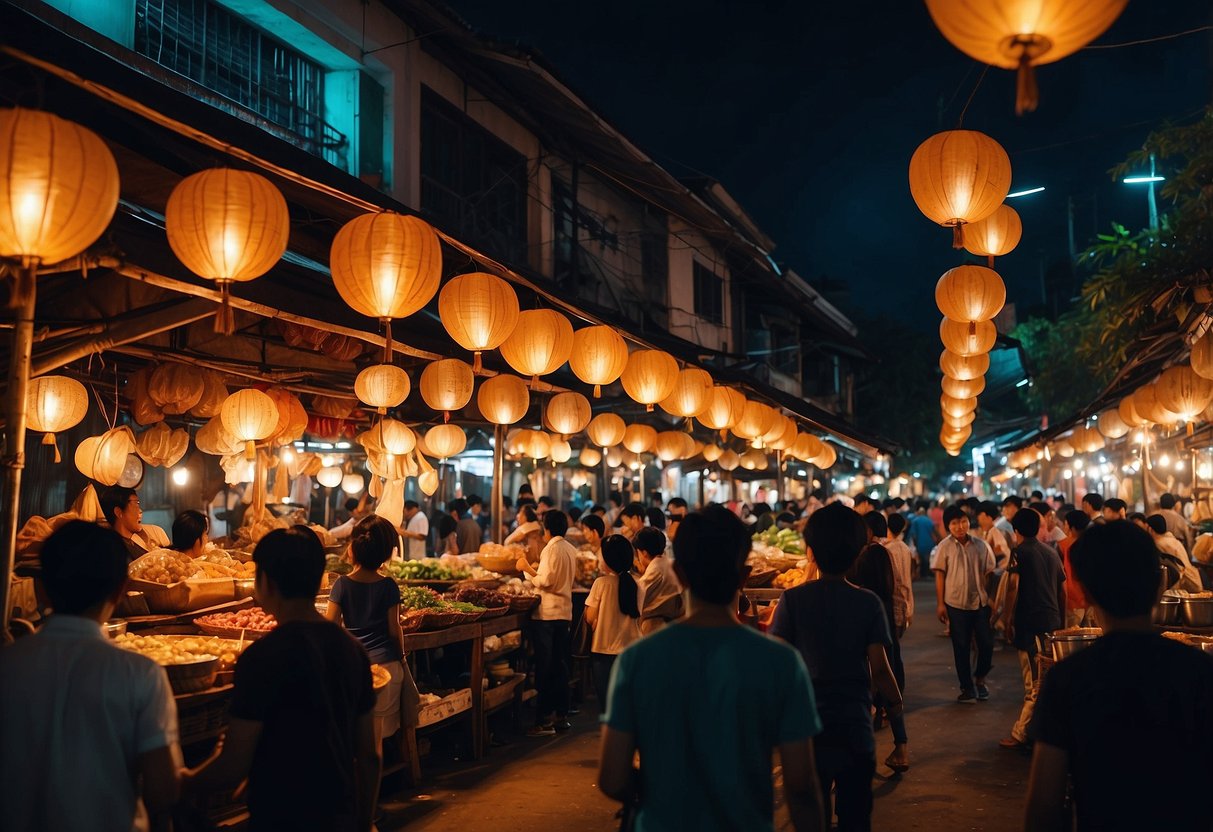 A bustling night market in Chiang Mai, with colorful lanterns hanging overhead and vendors selling traditional crafts and street food