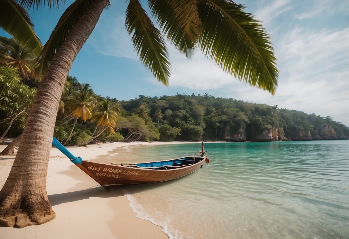 A serene beach on Koh Lanta with crystal-clear waters, palm trees swaying in the breeze, and a colorful longtail boat anchored near the shore