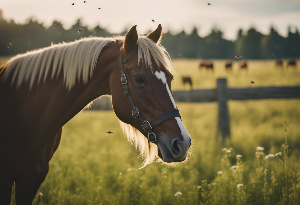 A horse standing in a pasture, with flies buzzing around it. A homemade fly spray sits nearby, made from natural ingredients