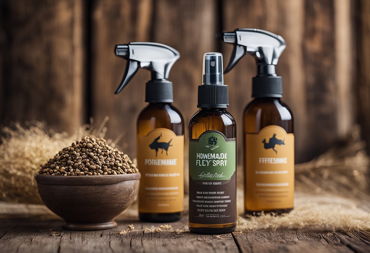 A homemade horse fly spray with effective ingredients and their properties displayed in a rustic setting