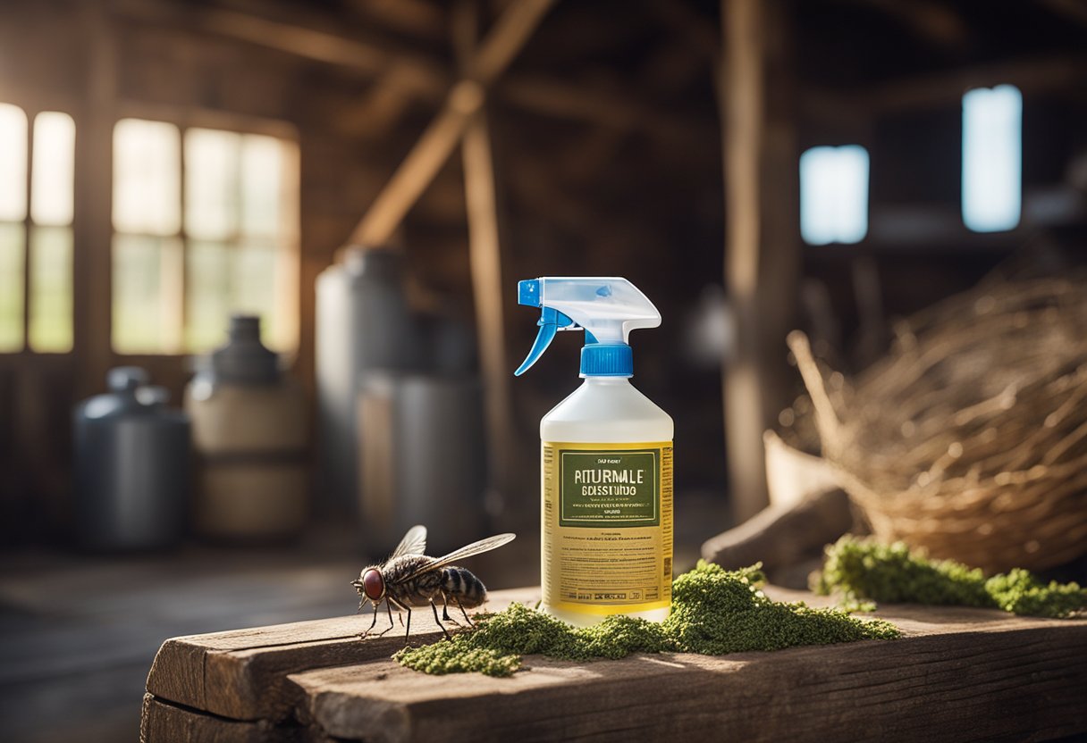 A homemade fly spray being mixed in a rustic barn setting with natural ingredients and a spray bottle