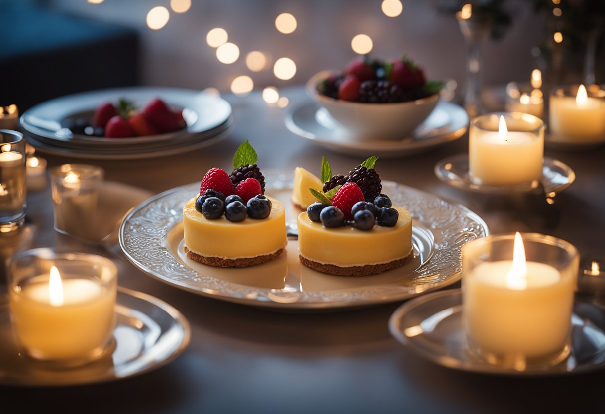 A table set with two elegant desserts, surrounded by soft candlelight and romantic ambiance