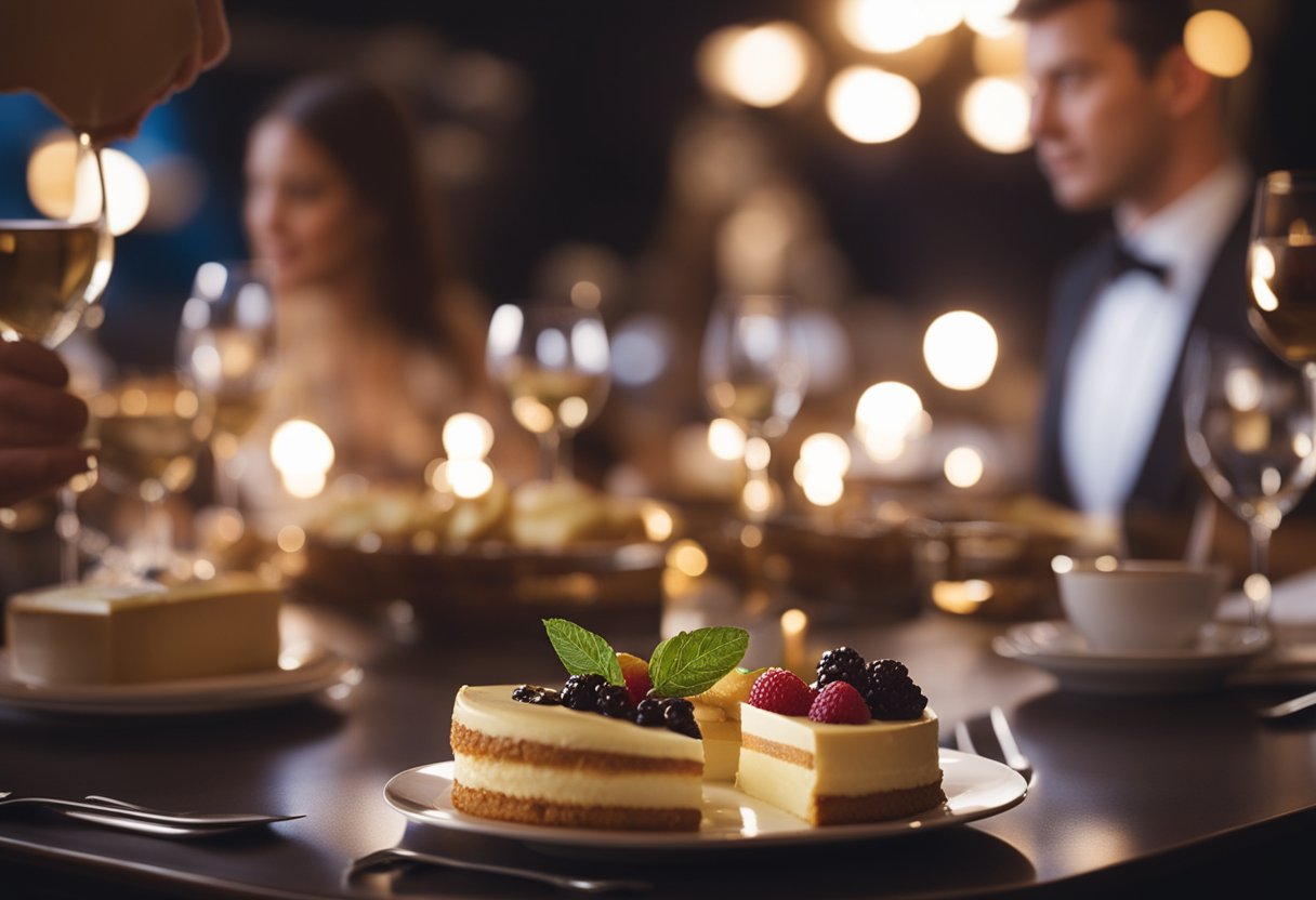 A couple selects dessert options from a menu at a romantic dinner setting