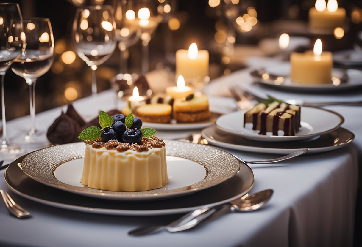 A beautifully set table with elegant dessert plates, a selection of decadent desserts, and romantic candlelight