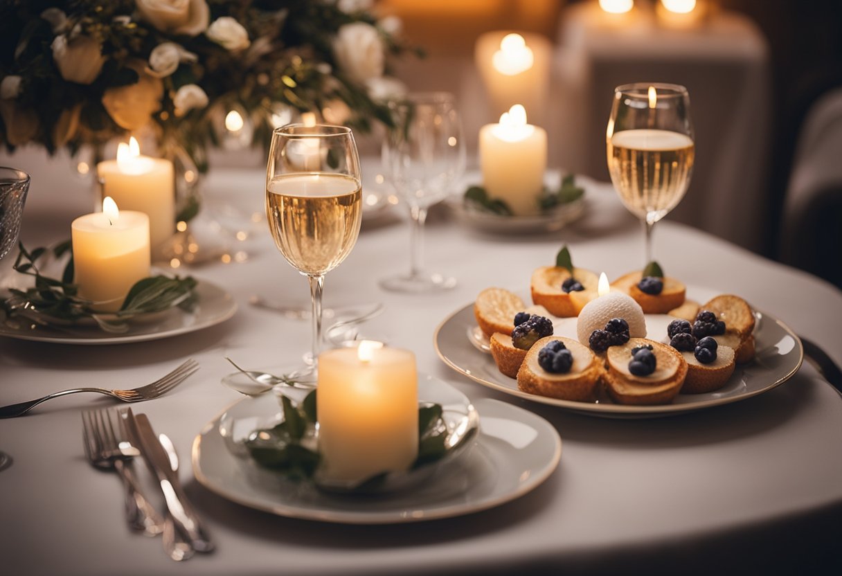 A romantic table set with two elegant dessert plates, surrounded by candles and soft lighting