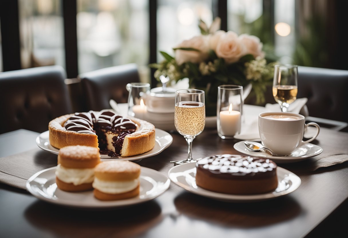 A cozy table set for two, with a decadent dessert spread and romantic ambiance. Soft lighting, elegant tableware, and a variety of delectable treats create the perfect setting for a romantic evening