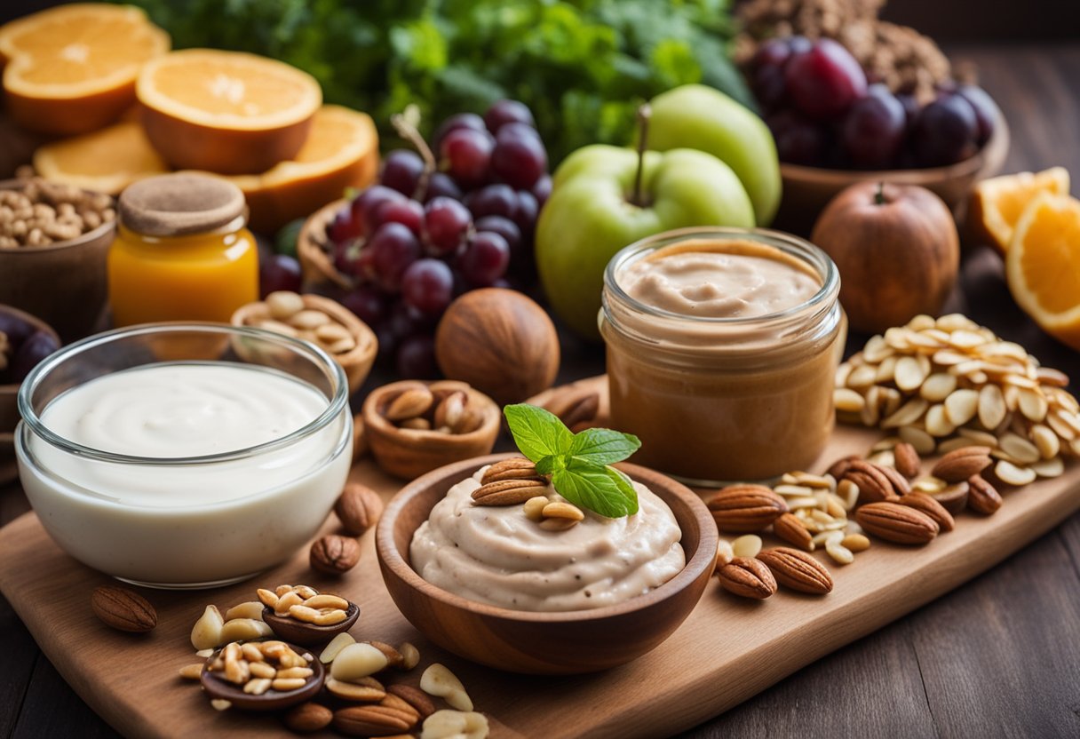 A colorful spread of fresh fruits, vegetables, nuts, and whole grain bread arranged on a wooden cutting board, with a jar of homemade nut butter and a bowl of yogurt dip