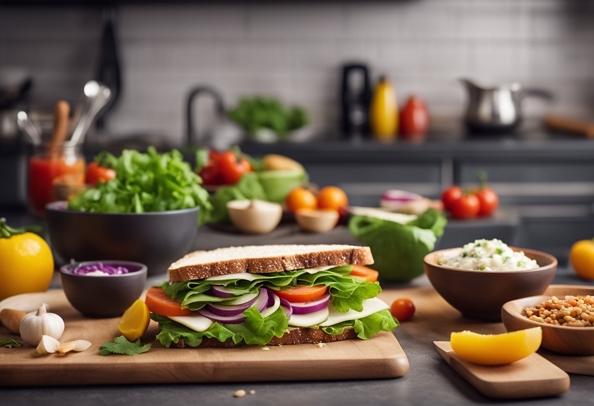 A colorful kitchen counter with fresh ingredients and modern cooking utensils, showcasing innovative sandwich-making techniques for creative and nutritious snacks