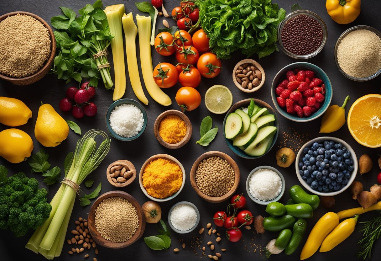 A colorful kitchen counter with a variety of fresh ingredients and utensils arranged neatly, ready to be used in creating creative and nutritious snacks