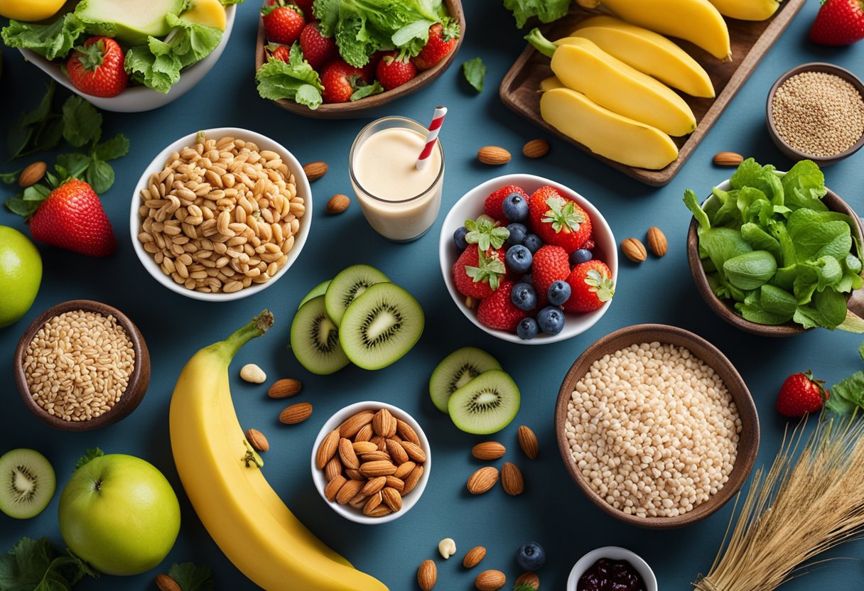 A variety of healthy snacks laid out on a table with colorful fruits, vegetables, nuts, and whole grains. A smoothie and salad accompany the snacks