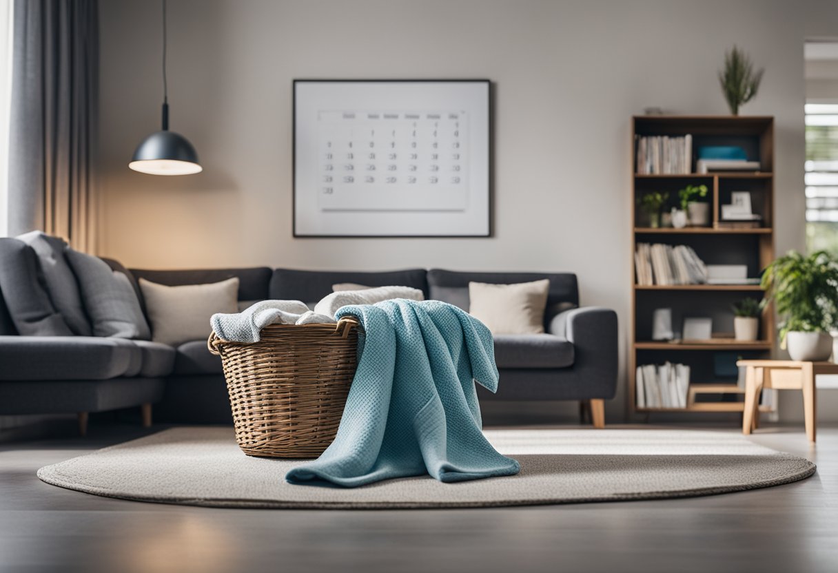 A tidy living room with neatly arranged furniture, a vacuum cleaner in the corner, and a basket of neatly folded blankets. A calendar on the wall shows daily cleaning tasks