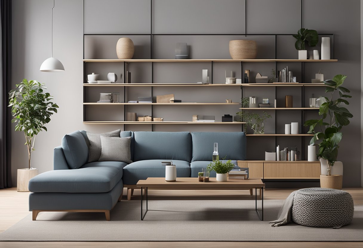 A tidy living room with neatly arranged furniture, minimal clutter, and organized shelves. A vacuum cleaner and cleaning supplies are neatly stored in a designated area