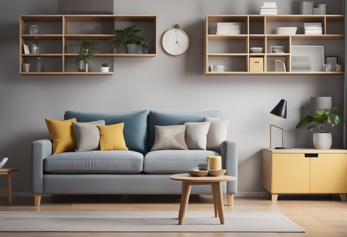 A tidy living room with neatly arranged furniture, clean surfaces, and organized shelves. A vacuum cleaner and cleaning supplies are neatly stored in a corner