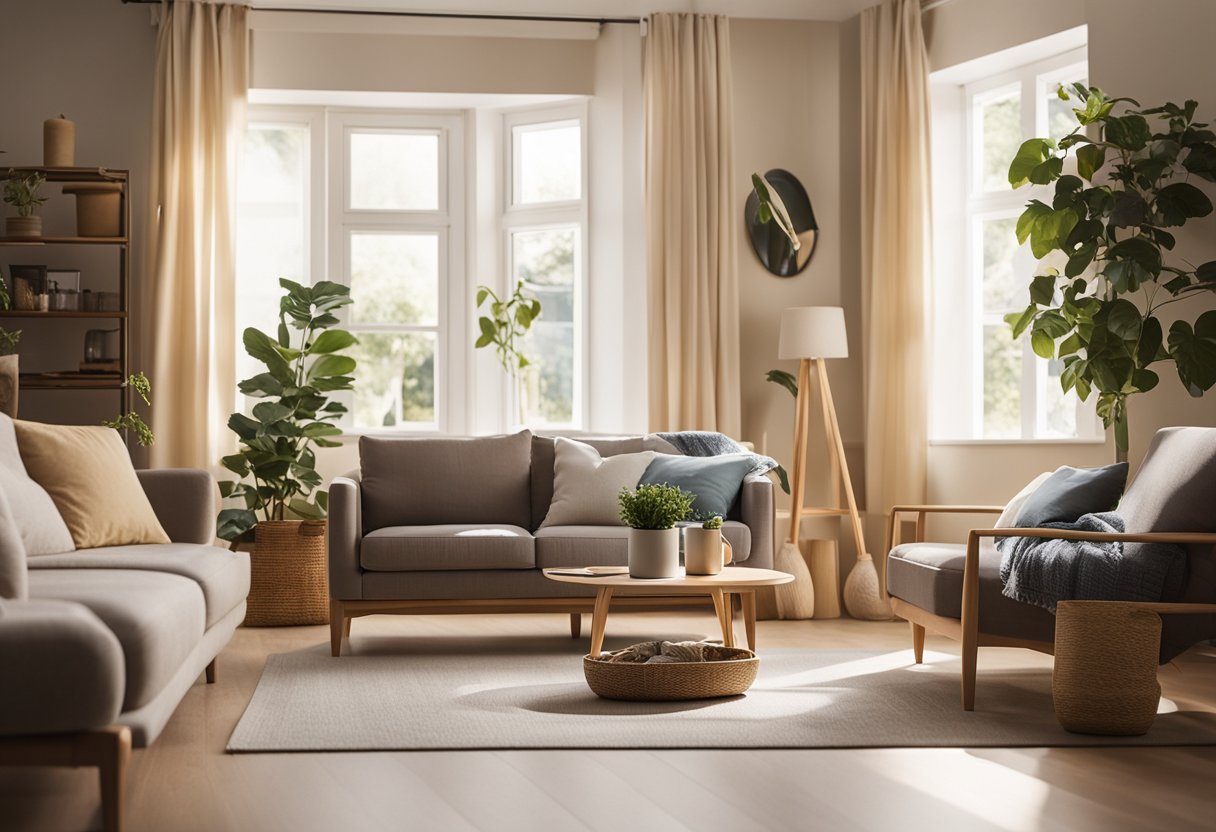 A tidy living room with neatly arranged furniture, a vacuum cleaner in the corner, and a basket of neatly folded laundry. The sunlight streams in through the window, casting a warm glow on the clean surfaces