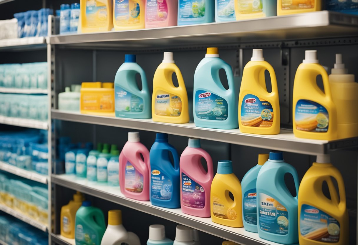 Household cleaning products neatly organized on shelves with labels facing forward. Laundry detergents and fabric softeners stacked in a designated area