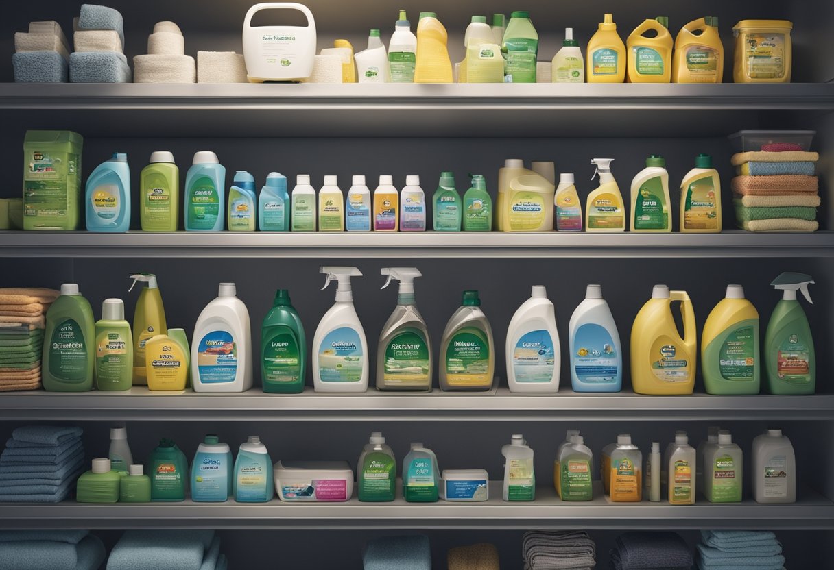 Various cleaning and laundry products neatly organized on shelves and in baskets. Labels and containers are clearly visible for easy access
