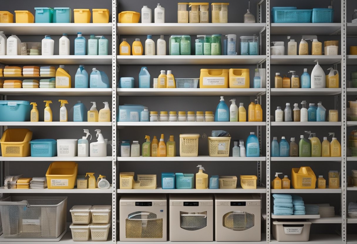 Various cleaning and laundry products neatly organized on shelves with proper labeling and storage instructions
